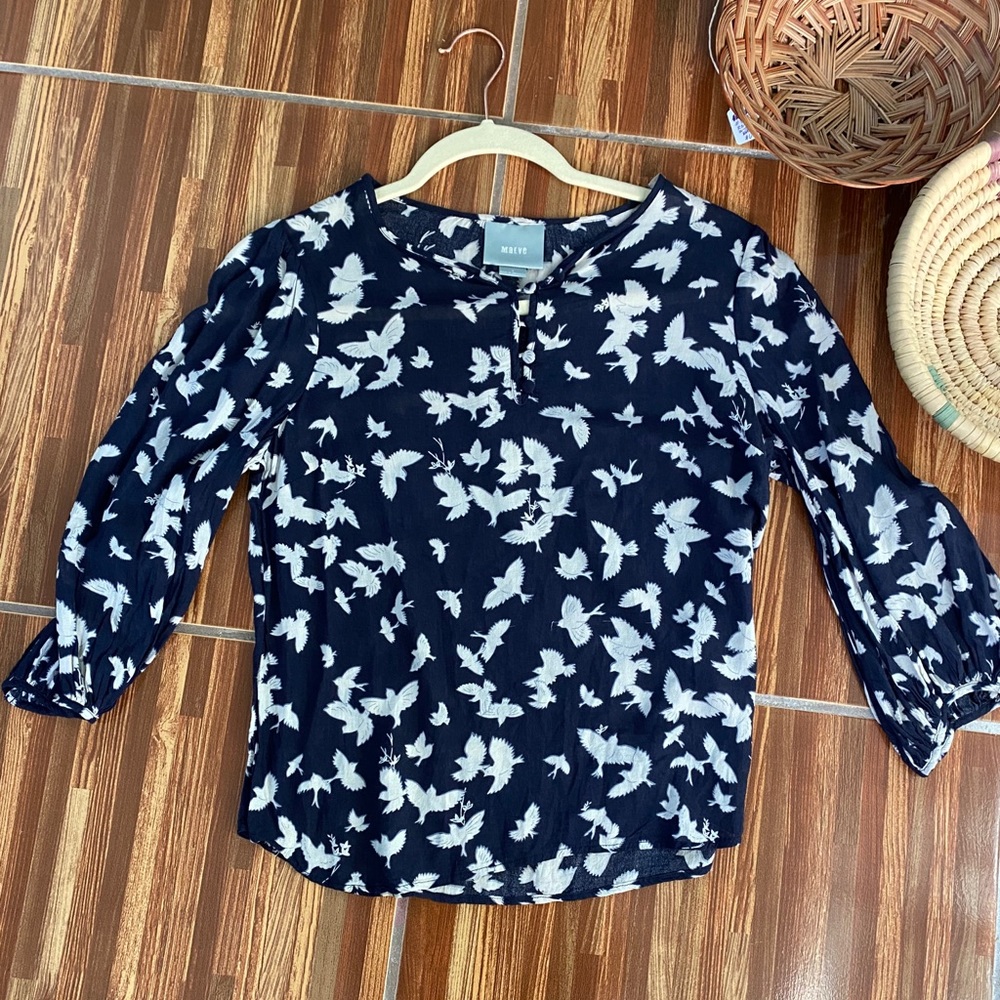 Anthropologie Maeve Blue Bird Print Blouse